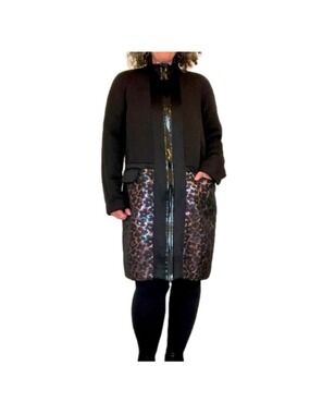Black Quilted Floral Stitch Midi Coat Zip Up Large Pockets Rachel Roy, Medium